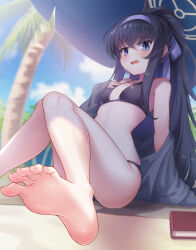 Rule 34 | 1girl, absurdres, barefoot, beach umbrella, bikini, black bikini, black cardigan, black eyes, black hair, black headband, blue archive, blue sky, blush, book, breasts, cardigan, cloud, halo, headband, highres, long hair, official alternate costume, open mouth, palm leaf, palm tree, ponytail, sand, shinori (efvbji6264), sky, small breasts, soles, solo, swimsuit, tree, ui (blue archive), ui (swimsuit) (blue archive), umbrella, very long hair, yellow halo