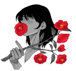 Rule 34 | 1boy, blending, branch, bright pupils, fingernails, flower, flower over mouth, flower request, hair between eyes, halorane, highres, holding, holding branch, ishikawa goemon xiii, leaf, lupin iii, male focus, medium hair, pectoral cleavage, pectorals, red flower, solo, spot color, upper body, white background, white pupils