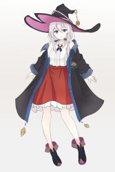 Rule 34 | 1girl, arms at sides, black hat, elaina (majo no tabitabi), full body, hat, highres, jacket, jewelry, long hair, looking at viewer, mahdi, majo no tabitabi, purple eyes, red skirt, shoes, skirt, smile, solo, standing, white hair, witch, witch hat