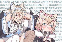 Rule 34 | 2girls, :|, animal collar, animal ears, bandaid, bandaid hair ornament, black choker, black collar, black jacket, blonde hair, blue eyes, blue hair, blue hairband, blush, chain, chibi, choker, closed mouth, collar, commentary, controller, crossed bangs, dog ears, dog girl, double-parted bangs, dress, english commentary, english text, fake horns, fingers to head, frilled sleeves, frills, frown, fur-trimmed jacket, fur trim, fuwawa abyssgard, fuwawa abyssgard (1st costume), game controller, hair between eyes, hair ornament, hairband, hairclip, headphones, headphones around neck, highres, holding, holding controller, holding game controller, hololive, hololive english, horns, invincible (series), jacket, kukie-nyan, long sleeves, meme, mococo abyssgard, mococo abyssgard (1st costume), multicolored hair, multiple girls, open clothes, open jacket, open mouth, pink eyes, pink hair, pink hairband, puffy long sleeves, puffy sleeves, shirt, siblings, sisters, streaked hair, text background, think mark think! (meme), twintails, virtual youtuber, white dress, white shirt, x hair ornament