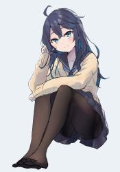 Rule 34 | 1girl, ahoge, alternate hair length, alternate hairstyle, black hair, black sailor collar, black skirt, blue eyes, blue hair, blush, brown pantyhose, brown sweater, closed mouth, commentary request, full body, grey background, gucchiann, hair between eyes, highres, knees up, long hair, long sleeves, looking at viewer, no shoes, pantyhose, pleated skirt, princess connect!, sailor collar, school uniform, serafuku, sheffy (princess connect!), sheffy (real) (princess connect!), simple background, sitting, skirt, sleeves past wrists, smile, solo, sweater, very long hair