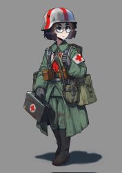 Rule 34 | 1girl, ammunition box, armband, boots, brown hair, canteen, combat helmet, commission, cross, erica (naze1940), first aid kit, glasses, gloves, helmet, highres, medic, military, military uniform, original, pants, pants tucked in, pouch, red cross, shadow, soldier, solo, stahlhelm, uniform