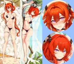 1girl arknights bikini black_bikini black_choker black_horns blush breasts choker clenched_teeth closed_mouth commentary_request dakimakura_(medium) detached_sleeves earrings hair_between_eyes hair_intakes hand_on_own_chest hand_on_own_thigh highres horn_ornament horn_ribbon horns innertube jewelry long_hair lying medium_breasts multiple_views on_back purple_eyes red_hair ribbon sample_watermark smile star_(symbol) star_earrings surtr_(arknights) swim_ring swimsuit teeth thigh_strap watermark white_ribbon white_sleeves zi_tong_zhi_lei