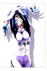 Rule 34 | 1girl, armpits, arms up, ayanami rei, blue hair, bodysuit, bracer, breasts, contrapposto, cowboy shot, crossed arms, framed, gloves, hair between eyes, hair ornament, highres, hip focus, kawarajima kou, looking at viewer, narrow waist, neon genesis evangelion, one eye covered, parted lips, pilot suit, plugsuit, red eyes, scan, shadow, shiny clothes, short hair, simple background, solo, standing, taut clothes, turtleneck, white background