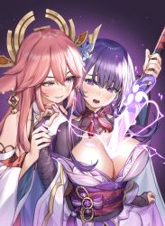 Rule 34 | 2girls, between breasts, blush, breasts, cleavage, from behind, genshin impact, hair ornament, halo, highres, holding another&#039;s wrist, human scabbard, japanese clothes, kimono, large breasts, multiple girls, pink hair, piyo (pixiv 2308057), purple eyes, purple hair, raiden shogun, red hair, smile, surprised, sword between breasts, yae miko