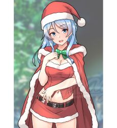 1girl belt black_belt blue_eyes blue_hair blurry blurry_background bow bowtie breasts cleavage furaggu_(frag_0416) green_bow green_bowtie hair_between_eyes hat kantai_collection navel red_hat red_shorts santa_capelet santa_costume shorts solo standing thighs urakaze_(kancolle)