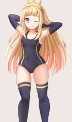 Rule 34 | 1girl, ;q, arms behind head, beige background, black gloves, black one-piece swimsuit, black thighhighs, blonde hair, blush, breasts, cagliostro (granblue fantasy), closed mouth, collarbone, commentary, covered navel, elbow gloves, gloves, granblue fantasy, highres, kazenokaze, long hair, looking at viewer, one-piece swimsuit, one eye closed, purple eyes, simple background, skindentation, small breasts, smile, solo, spikes, swimsuit, thighhighs, tiara, tongue, tongue out, very long hair
