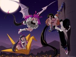 Rule 34 | 10s, 1boy, 3girls, :t, absurdly long hair, arm support, asaya minoru, asymmetrical horns, bad id, bad pixiv id, black hair, black pants, black pantyhose, blunt bangs, boots, bow, brown hair, chest tattoo, climbing, climbing wall, cloak, closed mouth, curled horns, detached sleeves, dragon girl, dragon horns, dragon tail, dragon wings, elbow gloves, elizabeth bathory (fate), elizabeth bathory (fate/extra ccc), elizabeth bathory (second ascension) (fate), fang, fate/extra, fate/extra ccc, fate/grand order, fate (series), fingerless gloves, flying, fujimaru ritsuka (female), full moon, gauntlets, gloves, green eyes, grey skirt, grey wings, hair between eyes, hair bobbles, hair bow, hair ornament, hair ribbon, hood, hood down, hooded cloak, horns, japanese clothes, kimono, knee boots, long hair, long sleeves, low ponytail, moon, mountain, multiple girls, night, night sky, open mouth, origami, osakabehime (fate), outdoors, pants, pantyhose, parted lips, pink cloak, plaid, plaid skirt, pointy ears, ponytail, purple bow, purple eyes, purple hair, purple ribbon, purple skirt, ribbon, shirt, shoes, short kimono, sidelocks, skirt, sky, sleeveless, sleeveless shirt, smile, spiked boots, spikes, star (sky), starry sky, tail, tattoo, topless male, twitter username, uneven horns, very long hair, white footwear, white gloves, white kimono, white shirt, wings, yan qing (fate)
