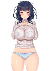 Rule 34 | 1girl, absurdres, arms at sides, black hair, blue panties, blush, bow, bow panties, breasts, cowboy shot, gluteal fold, hands on own chest, highres, huge breasts, interlocked fingers, looking at viewer, nanatsu (pixiv1467365), natsu (nattiyann), original, own hands together, panties, parted lips, red eyes, ribbed sweater, simple background, sleeves past wrists, solo, sweater, thighs, turtleneck, turtleneck sweater, underwear, white background