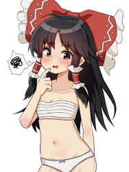 Rule 34 | 1girl, ahoge, bare shoulders, blush, bow, brown eyes, brown hair, chest sarashi, commentary request, contrapposto, cowboy shot, frilled bow, frilled hair tubes, frills, furrowed brow, hair bow, hair tubes, hakurei reimu, hand up, highres, index finger raised, long hair, long sleeves, midriff, navel, open mouth, panties, parted bangs, red bow, s zonmbi, sarashi, sidelocks, simple background, solo, spoken squiggle, squiggle, touhou, underwear, very long hair, white background, white panties, wide sleeves