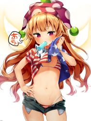 Rule 34 | 1girl, american flag, american flag bikini, american flag dress, american flag print, american flag shirt, bikini, bikini under clothes, blonde hair, clothes lift, clownpiece, commentary request, cowboy shot, dress, dress lift, eating, enokido (reido1177), fairy wings, flag print, food, food in mouth, glowing, half-closed eyes, halterneck, hand on own hip, hat, highleg, highleg bikini, highres, jester cap, lifted by self, long hair, looking at viewer, micro bikini, navel, neck ruff, pink eyes, pocket, polka dot, popsicle, print bikini, print shirt, purple hat, shirt lift, short shorts, shorts, side-tie bikini bottom, simple background, solo, standing, star (symbol), star print, stomach, string bikini, striped, swimsuit, touhou, translated, very long hair, wavy hair, white background, wings