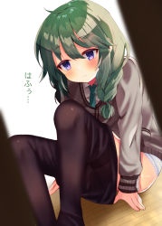 Rule 34 | 1girl, black pantyhose, blue eyes, blue panties, blush, braid, cardigan, closed mouth, clothes pull, collared shirt, commentary request, ebihara beniko, expressionless, green hair, green necktie, grey cardigan, hair between eyes, hair over shoulder, highres, long hair, long sleeves, looking at viewer, necktie, on floor, panties, pantyhose, pantyhose pull, princess connect!, pulling own clothes, purple eyes, shirt, sitting, solo, thighband pantyhose, translation request, twin braids, underwear, white shirt, yuni (princess connect!), yuni (real) (princess connect!)