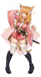 Rule 34 | 1girl, animal ears, warrior of light (ff14), black footwear, blonde hair, boots, bow, breasts, cat ears, check copyright, commission, copyright request, ear ribbon, final fantasy, final fantasy xiv, flower, hair flower, hair ornament, japanese clothes, kimono, large breasts, long hair, nail polish, one eye closed, pink eyes, pink flower, pink kimono, red ribbon, ribbon, rirene rn, short kimono, smile, solo, sword, teeth, thighhighs, upper teeth only, v, weapon, white thighhighs, wide sleeves