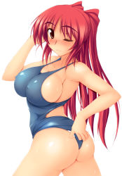 Rule 34 | 1girl, adjusting clothes, adjusting swimsuit, ass, blush, breasts, brown hair, kousaka tamaki, large breasts, long hair, one-piece swimsuit, one eye closed, red hair, school swimsuit, solo, sweat, swimsuit, to heart (series), to heart 2, wedgie, wink, zekkyon