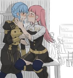 Rule 34 | 1boy, 3girls, arm grab, blue hair, blunt bangs, blush, book, bookshelf, braid, brown eyes, byleth (female) (fire emblem), byleth (fire emblem), chair, claude von riegan, crown braid, eye contact, face-to-face, fire emblem, fire emblem: three houses, fukuroumori, garreg mach monastery uniform, hand on another&#039;s arm, hand on another&#039;s cheek, hand on another&#039;s face, highres, hilda valentine goneril, imminent kiss, knees together feet apart, library, long hair, looking at another, marianne von edmund, matching hair/eyes, multiple girls, nintendo, pink eyes, pink hair, sidelocks, sitting, sleeves rolled up, smile, table, twintails, uniform, yuri