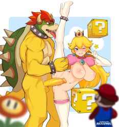 Rule 34 | 1girl, 2boys, ? block, blonde hair, blurry, blurry foreground, blush, bowser, bracelet, breasts, commentary, crown, elbow gloves, english commentary, erection, feet out of frame, fire flower, foot out of frame, gloves, grin, hat, highres, jewelry, large areolae, large breasts, legs, long hair, mario, mario (series), multiple boys, navel, netorare, nintendo, nipples, one eye closed, open mouth, penis, princess peach, red hair, red headwear, rezodwel, sharp teeth, smile, spiked anklet, spiked bracelet, spikes, split, standing, standing on one leg, standing split, super star (mario), super mario bros. 1, teeth, thighhighs, turtle shell, uncensored, v, white gloves, white thighhighs