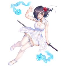 Rule 34 | 1girl, absurdres, black hair, blue fire, breasts, cleavage, commentary request, fire, flower, full body, hair flower, hair ornament, hair over one eye, highres, holding, holding sword, holding weapon, katana, large breasts, looking at viewer, official alternate costume, official art, open mouth, sano toshihide, shishimura koro, shoes, short hair, simple background, sleeveless, solo, sword, taimanin (series), taimanin rpgx, thighhighs, tongue, weapon, white background