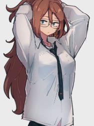 Rule 34 | 1girl, alternate costume, android 21, arms behind head, black necktie, blue eyes, closed mouth, dragon ball, dragon ball fighterz, earrings, glasses, grey background, hair between eyes, hoop earrings, jewelry, kemachiku, long hair, long sleeves, looking at viewer, necktie, red hair, red ribbon army, shirt, simple background, solo, white shirt