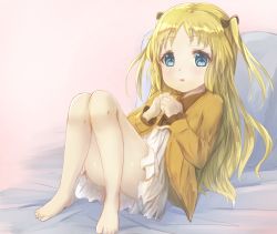 Rule 34 | 10s, 1girl, bare legs, barefoot, bed sheet, black shirt, blonde hair, blue eyes, blush, bow, brown bow, charlotte izoard, collarbone, commentary, convenient leg, hair bow, high-waist skirt, highres, hikari niji, jacket, long hair, looking at viewer, own hands together, parted lips, red neckwear, ryuuou no oshigoto!, shirt, sitting, skirt, solo, teeth, two side up, upper teeth only, very long hair, white skirt, yellow jacket