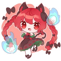 Rule 34 | 1girl, absurdres, animal ears, bow, braid, cat ears, cat tail, chibi, dress, extra ears, flaming skull, floating skull, green bow, green dress, hair bow, highres, inukkomaru, kaenbyou rin, multiple tails, nekomata, red eyes, red hair, skull, solo, tail, touhou, twin braids, two tails, white background