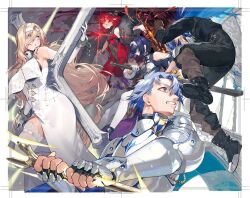 Rule 34 | 2boys, 3girls, armor, bangle, blonde hair, blue hair, boots, bracelet, breasts, character request, copyright request, cover, cover page, fingerless gloves, fur scarf, gloves, holding, holding sword, holding weapon, jewelry, knight, large breasts, light blue hair, long hair, magic, multiple boys, multiple girls, noy, pointy ears, red hair, shoes, short hair, small breasts, sword, thighhighs, weapon, white thighhighs