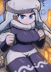 Rule 34 | 1girl, absurdres, blue eyes, bodysuit, breasts, cowboy shot, creatures (company), curvy, eyelashes, female focus, game freak, grey hair, half-closed eyes, hat, heart, highres, large breasts, light, long hair, long sleeves, looking at viewer, mature female, melony (pokemon), nintendo, oar, outdoors, pokemon, pokemon swsh, shorts, sitting, smile, snow, solo, speech bubble, thick thighs, thighs, tony welt, white hair, white shorts, wide hips