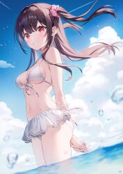 Rule 34 | 1girl, absurdres, ancotaku, arms behind back, bare shoulders, bikini, bikini skirt, blue sky, breasts, brown hair, cleavage, cloud, cloudy sky, day, front-tie bikini top, front-tie top, gradient sky, hair ornament, hair scrunchie, highres, long hair, looking at viewer, medium breasts, navel, ocean, original, outdoors, page number, partially submerged, red eyes, scan, scrunchie, simple background, sky, smile, solo, standing, stomach, swimsuit, thighs, twintails, wading, water, water drop