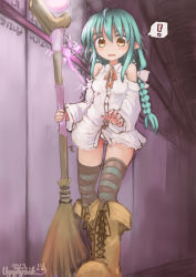 Rule 34 | !, 1girl, aqua hair, aqua thighhighs, artist name, bare shoulders, blush, boots, bow, braid, breasts, broom, broomstick, brown footwear, cross-laced footwear, dated, dress, female focus, full body, gem, hair between eyes, hair bow, hands up, have to pee, heel up, highres, holding, indoors, knee boots, long hair, long sleeves, magic, neck ribbon, off shoulder, open mouth, original, panties, panty peek, pointy ears, red ribbon, ribbon, short dress, signature, single braid, small breasts, solo, speech bubble, spoken exclamation mark, staff, standing, striped clothes, striped thighhighs, surprised, thighhighs, trembling, ugogogesik, underwear, walking, white bow, white dress, white panties, wide-eyed, yellow eyes