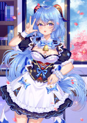Rule 34 | 1girl, :o, absurdres, ahoge, alternate costume, bell, black dress, blue bow, blue bowtie, blue hair, bookshelf, bow, bowtie, breasts, chinese commentary, cleavage, colored tips, commentary request, cowbell, cowboy shot, day, dress, falling petals, frilled sleeves, frills, ganyu (genshin impact), genshin impact, goat horns, hair between eyes, hands up, highres, horns, indoors, large breasts, light blush, long hair, looking at viewer, multicolored hair, partial commentary, petals, pink hair, puffy sleeves, purple eyes, solo, sunlight, teeth, thighs, two-tone dress, two-tone hair, upper teeth only, very long hair, w, white dress, white wrist cuffs, wrist cuffs, wuyinlou