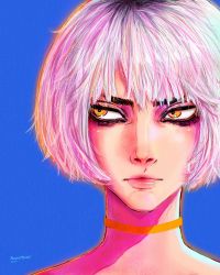 Rule 34 | 1girl, absurdres, azure meraki, blue background, choker, close-up, closed mouth, dated, eyeshadow, highres, looking to the side, makeup, orange choker, original, pink hair, portrait, short hair, sideways glance, signature, simple background, solo, yellow eyes