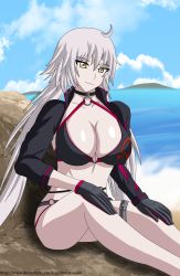Rule 34 | 1girl, absurdres, artist name, beach, bikini, breasts, cleavage, fate/grand order, fate (series), gloves, highres, jeanne d&#039;arc alter (swimsuit berserker) (fate), jeanne d&#039;arc alter (fate), large breasts, legs, long hair, ocean, sitting, smile, solo, swimsuit, thighs, water, white hair, yellow eyes