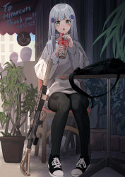 Rule 34 | 1girl, absurdres, alternate costume, assault rifle, backpack, bag, black pantyhose, blue nails, bubble tea, cafe, casual, commentary request, commission, facial hair, full body, girls&#039; frontline, green eyes, gun, h&amp;k hk416, hair ornament, hanabusaraleigh, highres, hk416 (girls&#039; frontline), hood, hood down, hoodie, long hair, long sleeves, looking at viewer, nail polish, on chair, open mouth, outdoors, pantyhose, plant, potted plant, rifle, shoes, sitting, skeb commission, sneakers, straight hair, suppressor, table, thank you, unworn backpack, unworn bag, vertical forward grip, weapon, white hoodie
