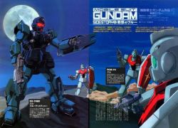 Rule 34 | blue destiny 01, gm (mobile suit), gun, gundam, gundam side story: the blue destiny, mecha, moon, night, night sky, official art, robot, shield, sky, weapon