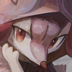 Rule 34 | 1other, alternate color, animal hands, animal nose, blush, body fur, braixen, clothed pokemon, creatures (company), cropped, furry, game freak, gen 6 pokemon, hand up, hood, hood up, ikei, light blush, looking at viewer, nintendo, other focus, pokemon, pokemon (creature), portrait, purple fur, red eyes, shiny pokemon, snout, solo, two-tone fur, white fur