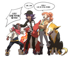 Rule 34 | 1girl, 2boys, :d, aged down, baseball cap, black footwear, black headwear, black pants, boltund, boots, brown hair, charmeleon, clenched hand, closed eyes, coat, commentary request, creatures (company), crossed arms, dark-skinned male, dark skin, duraludon, eyelashes, flame-tipped tail, game freak, gen 1 pokemon, gen 8 pokemon, hand on another&#039;s head, hat, highres, hood, hood down, hoodie, jacket, korean commentary, korean text, leon (pokemon), long hair, long sleeves, multiple boys, neckerchief, nintendo, open clothes, open coat, open mouth, orange hair, pants, pointing, pokemon, pokemon (anime), pokemon (creature), pokemon journeys, pokemon swsh, pokemon swsh043, purple hair, raihan (pokemon), redlhzz, shoes, simple background, smile, sonia (pokemon), speech bubble, standing, teeth, undercut, white background, zipper pull tab, |d