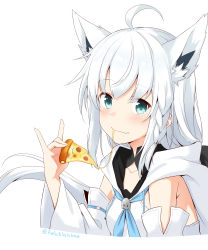 Rule 34 | 1girl, absurdres, ahoge, animal ear fluff, animal ears, aqua eyes, artist name, blush, braid, breasts, collarbone, commentary request, detached sleeves, fang, felutiahime, food, fox ears, fox girl, fox tail, highres, holding, holding food, holding pizza, hololive, long hair, looking at viewer, pizza, shirakami fubuki, shirakami fubuki (1st costume), side braid, simple background, skin fang, small breasts, smile, solo, tail, virtual youtuber, white background, white hair