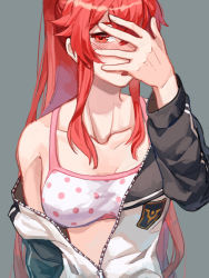Rule 34 | blush, bra, breasts, cleavage, collarbone, covering face, elesis (elsword), elsword, grey background, high ponytail, highres, long hair, looking at viewer, medium breasts, open mouth, partially unzipped, polka dot, polka dot bra, red eyes, red hair, sidelocks, simple background, standing, underwear, upper body, white bra