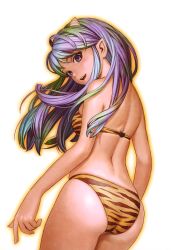 Rule 34 | 1girl, absurdres, animal print, ass, bare arms, bare shoulders, bikini, blue eyes, blue hair, breasts, cone horns, cowboy shot, fingernails, from behind, highres, horns, lips, long hair, looking at viewer, looking back, lum, medium breasts, murata range, open mouth, parted lips, pointy ears, scan, shiny skin, skindentation, smile, solo, swimsuit, thighs, tiger print, urusei yatsura