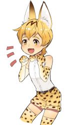 Rule 34 | 10s, 1boy, absurdres, animal ears, blonde hair, boku dake ga inai machi, bow, bowtie, butcher shop, clenched hand, cosplay, cowboy shot, elbow gloves, gender request, genderswap, gloves, highres, kemono friends, kobayashi kenya, male focus, serval (kemono friends), serval (kemono friends) (cosplay), serval print, simple background, sleeveless, solo, thighhighs, white background, yellow eyes