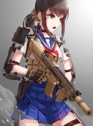 Rule 34 | 1girl, assault rifle, blue skirt, brown eyes, brown hair, call of duty, call of duty: advanced warfare, eotech, exoskeleton, fang, finger on trigger, fn scar, gloves, gun, holding, holding gun, holding weapon, kfr, load bearing vest, long hair, military, open mouth, original, ponytail, pouch, power suit, reflex sight, rifle, school uniform, science fiction, scrunchie, serafuku, short sleeves, sidelocks, skirt, solo, suppressor, thigh strap, weapon