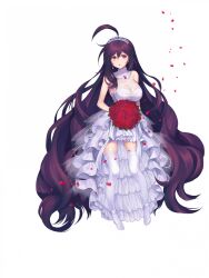 Rule 34 | 1girl, absurdly long hair, ahoge, amulet, beads, bouquet, breasts, cleavage, collar, detached collar, dress, earrings, falling petals, final gear, flower, hair between eyes, high heels, highres, holding, holding bouquet, jewelry, lace, lace-trimmed dress, lace trim, layered dress, long hair, looking to the side, open mouth, petals, pn99 (final gear), purple hair, red eyes, red flower, red petals, red rose, rose, see-through, see-through cleavage, see-through thighhighs, sleeveless, tachi-e, thighhighs, tiara, transparent background, very long hair, wavy hair, wedding dress, white collar, white dress, white footwear, white thighhighs