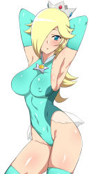 Rule 34 | 1girl, :o, aqua gloves, aqua thighhighs, armpits, arms behind head, arms up, bare shoulders, blonde hair, blue eyes, blue leotard, blush, breasts, brooch, contrapposto, covered erect nipples, crown, earrings, elbow gloves, gem, gloves, groin, hair over one eye, highleg, highleg leotard, highres, hip focus, jewelry, kagemusha, large breasts, leotard, looking at viewer, mario &amp; sonic at the olympic games, mario &amp; sonic at the rio 2016 olympic games, mario (series), nintendo, open mouth, rosalina, see-through, simple background, skin tight, skindentation, solo, standing, star (symbol), star earrings, thighhighs, thighs, white background