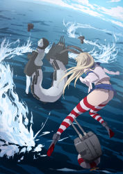 Rule 34 | 10s, 2girls, abyssal ship, ass, black panties, blonde hair, blue skirt, blue sky, cannon, cloud, day, elbow gloves, facing away, from behind, full body, gloves, glowing, glowing eyes, grin, hair ribbon, hairband, highleg, highleg panties, highres, hood, hoodie, kantai collection, long hair, looking at another, looking back, microskirt, midriff, multiple girls, ocean, outdoors, outstretched arms, pale skin, panties, pleated skirt, re-class battleship, rensouhou-chan, ribbon, sailor collar, shimakaze (kancolle), silver hair, skirt, sky, smile, splashing, standing, standing on liquid, striped clothes, striped legwear, striped thighhighs, surrounded, tail, thighhighs, thong, turret, underwear, waves, white gloves, youmak