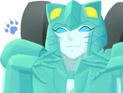 Rule 34 | 1girl, alien, animal ears, blue eyes, cat ears, eyelashes, highres, humanoid robot, idw publishing, moonracer, portrait, robot, rudanswn, solo, transformers, whiskers