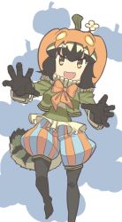 Rule 34 | 10s, 1girl, 524 (kemono ethread), :d, alternate eye color, black gloves, black hair, black pantyhose, bow, bowtie, claw pose, common raccoon (kemono friends), fang, flower, flower on head, gloves, halloween, halloween costume, highres, jack-o&#039;-lantern, kemono friends, long sleeves, looking at viewer, multicolored hair, open mouth, orange bow, orange bowtie, pantyhose, raccoon tail, short hair, smile, solo, tail, yellow eyes