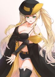 Rule 34 | 1girl, absurdres, arm under breasts, azur lane, bare shoulders, belt, bikini, bikini top only, black bikini, black cloak, black hat, black shorts, black sleeves, black thighhighs, blonde hair, blush, breasts, cleavage, clip studio paint (medium), cloak, collarbone, commentary request, cowboy hat, cowboy shot, cutoffs, detached sleeves, front-tie bikini top, front-tie top, green eyes, groin, hat, highres, hornet (azur lane), karla (kimidori3), large breasts, long hair, looking at viewer, lower teeth only, midriff, navel, off shoulder, open mouth, outstretched arm, short shorts, shorts, sidelocks, simple background, skindentation, solo, standing, sweat, swimsuit, teeth, thighhighs, twintails, very long hair, white background, white thighhighs, yellow belt