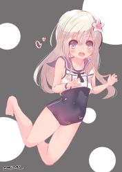 Rule 34 | 1girl, absurdres, black one-piece swimsuit, blonde hair, blue eyes, commentary, crop top, curled fingers, flower, full body, grey background, hair flower, hair ornament, highres, kantai collection, long hair, looking at viewer, momimaki, one-piece swimsuit, open mouth, polka dot, polka dot background, ro-500 (kancolle), round teeth, sailor collar, school swimsuit, solo, swimsuit, swimsuit under clothes, teeth, upper teeth only