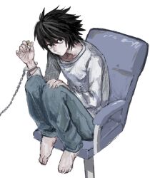 Rule 34 | 1boy, barefoot, black eyes, black hair, blue pants, chair, cuffs, death note, handcuffs, knees up, l (death note), long sleeves, looking at viewer, male focus, mkhrin, pants, shirt, simple background, sitting, solo, white background, white shirt