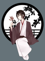 Rule 34 | androgynous, bad id, bad pixiv id, bird, bird on hand, black hair, circle, fruits basket, full body, gender request, japanese clothes, kimono, kinui (mukuxxx), looking at viewer, no shoes, short hair, simple background, sitting, solo, souma akito, white legwear, wide sleeves, yukata