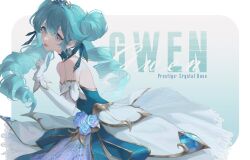 Rule 34 | 1girl, absurdres, aqua dress, aqua eyes, aqua hair, asami okutoshioku, backless dress, backless outfit, bare shoulders, bracelet, character name, choker, cowboy shot, dress, drill hair, elbow gloves, finger to own chin, gloves, gwen (league of legends), hair ribbon, highres, jewelry, league of legends, light smile, long hair, looking at viewer, multicolored clothes, multicolored dress, official alternate costume, pearl bracelet, prestige crystal rose gwen, ribbon, solo, symbol-shaped pupils, tiara, twin drills, white dress, white gloves